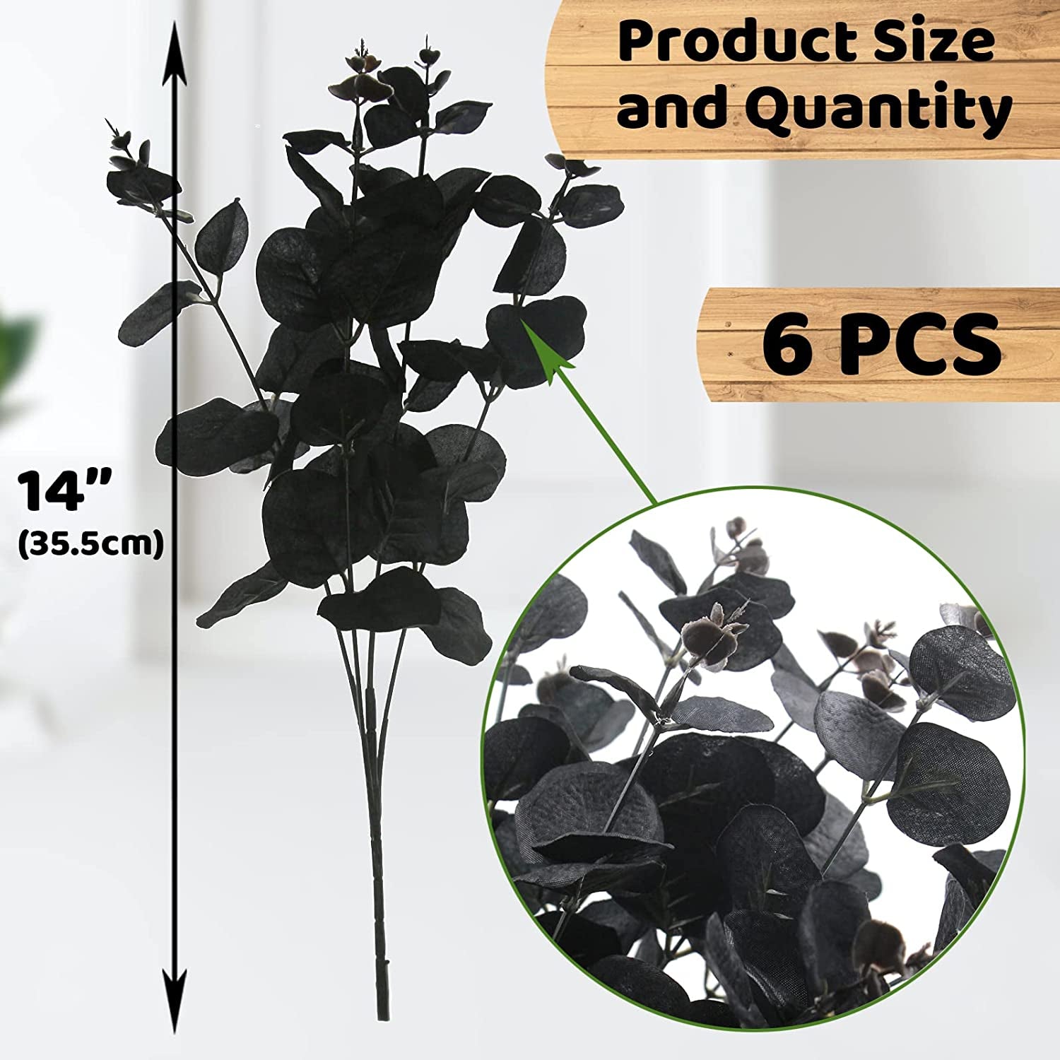 6 Pcs Artificial Black Eucalyptus Stems, 14" Eucalyptus Leaves Branches Bouquet for Flower Arrangement DIY, Black Silk Flowers for Home Halloween Farmhouse Decor (Black, 6)