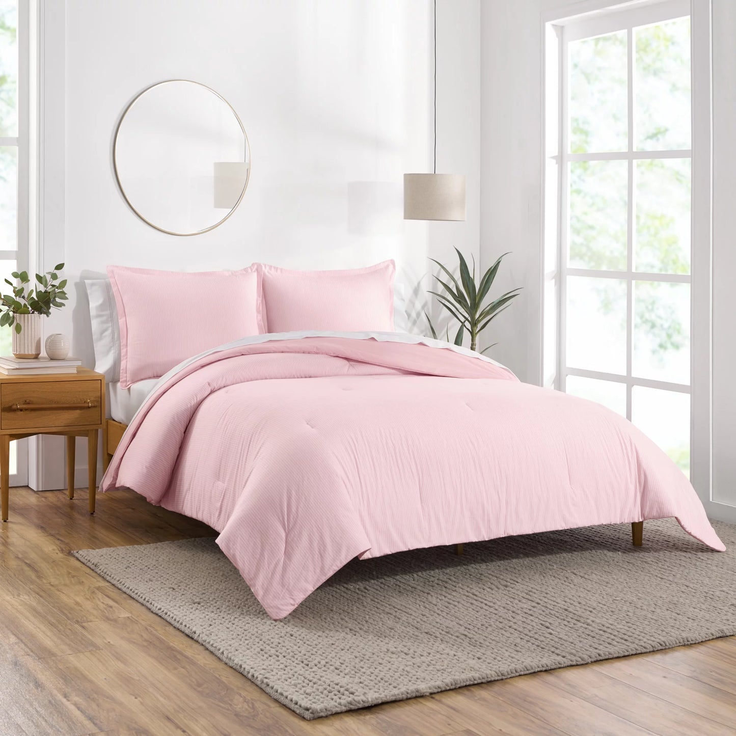 Yarn Dyed Washed Chambray Stripe Reversible Organic Cotton Comforter Set, Twin, Blush, 2-Pieces