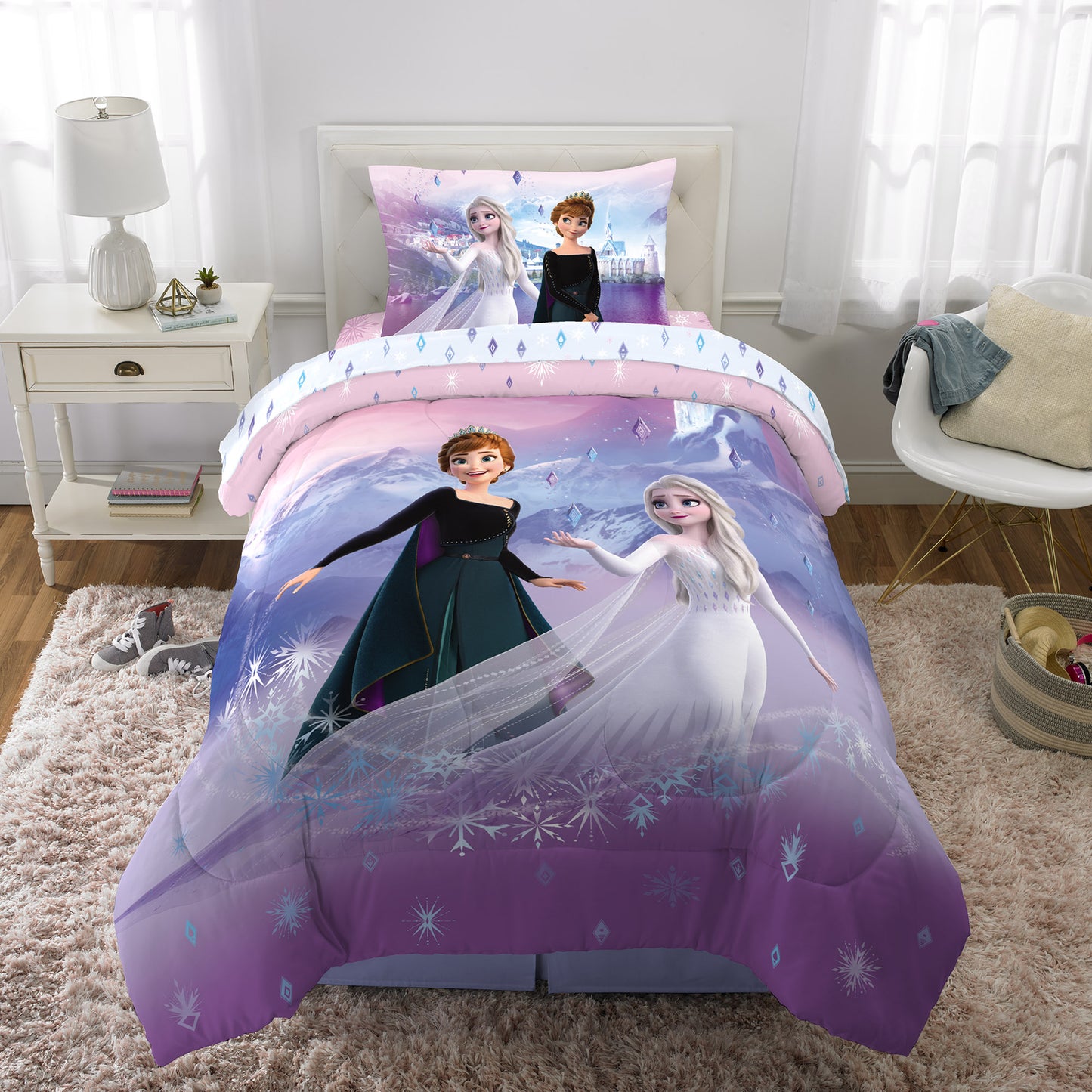 Disney Frozen Kids Twin Bed in a Bag, Comforter and Sheets, Purple and Pink