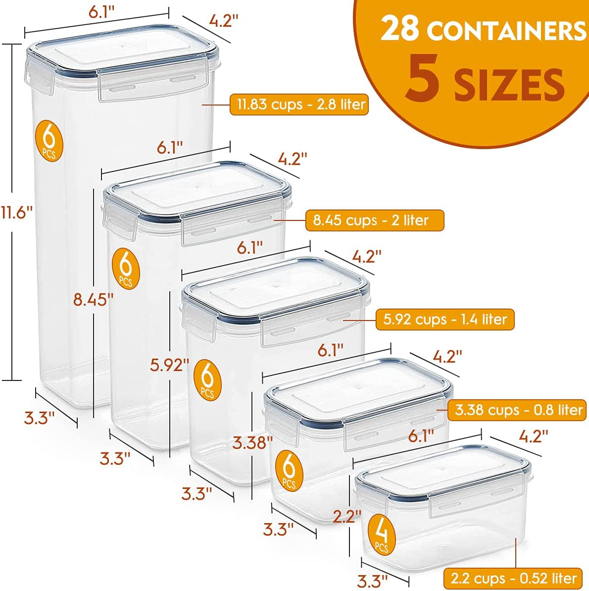 28 Pack Airtight Food Storage Container Set, Pantry Kitchen Organization and Storage, BPA Free Clear Plastic Storage Container with Lids, Kitchen Decor with Labels, Marker & Spoon Set