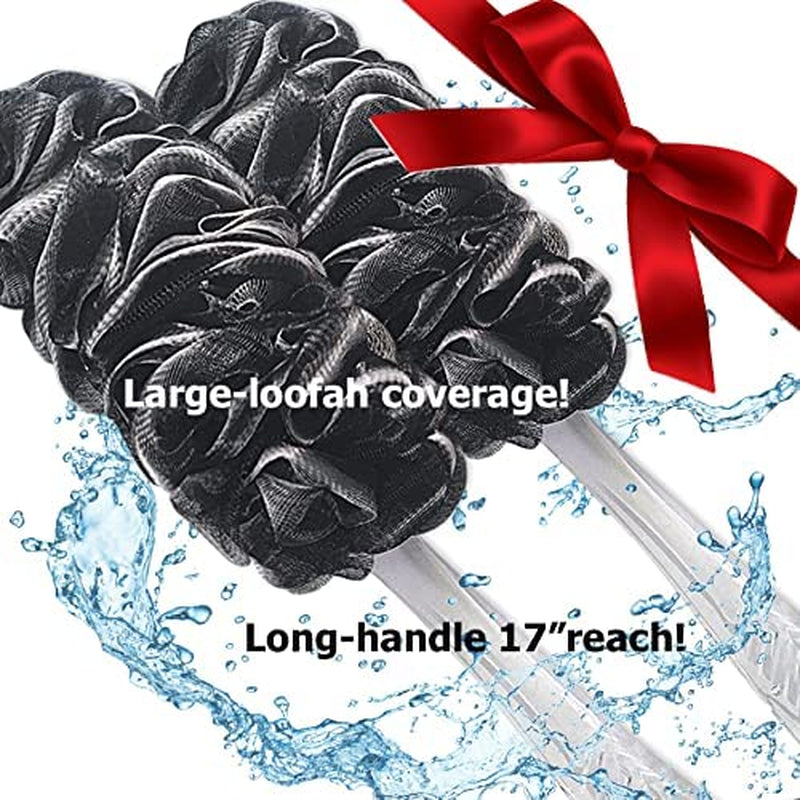 Loofah-Charcoal Back-Scrubbers 2-Pack-By-Shower-Bouquet: Long-Handle Bath-Sponge-Brushes with Extra Large Soft Mesh for Men & Women - Exfoliate with Full Pure Cleanse in Bathing Accessories