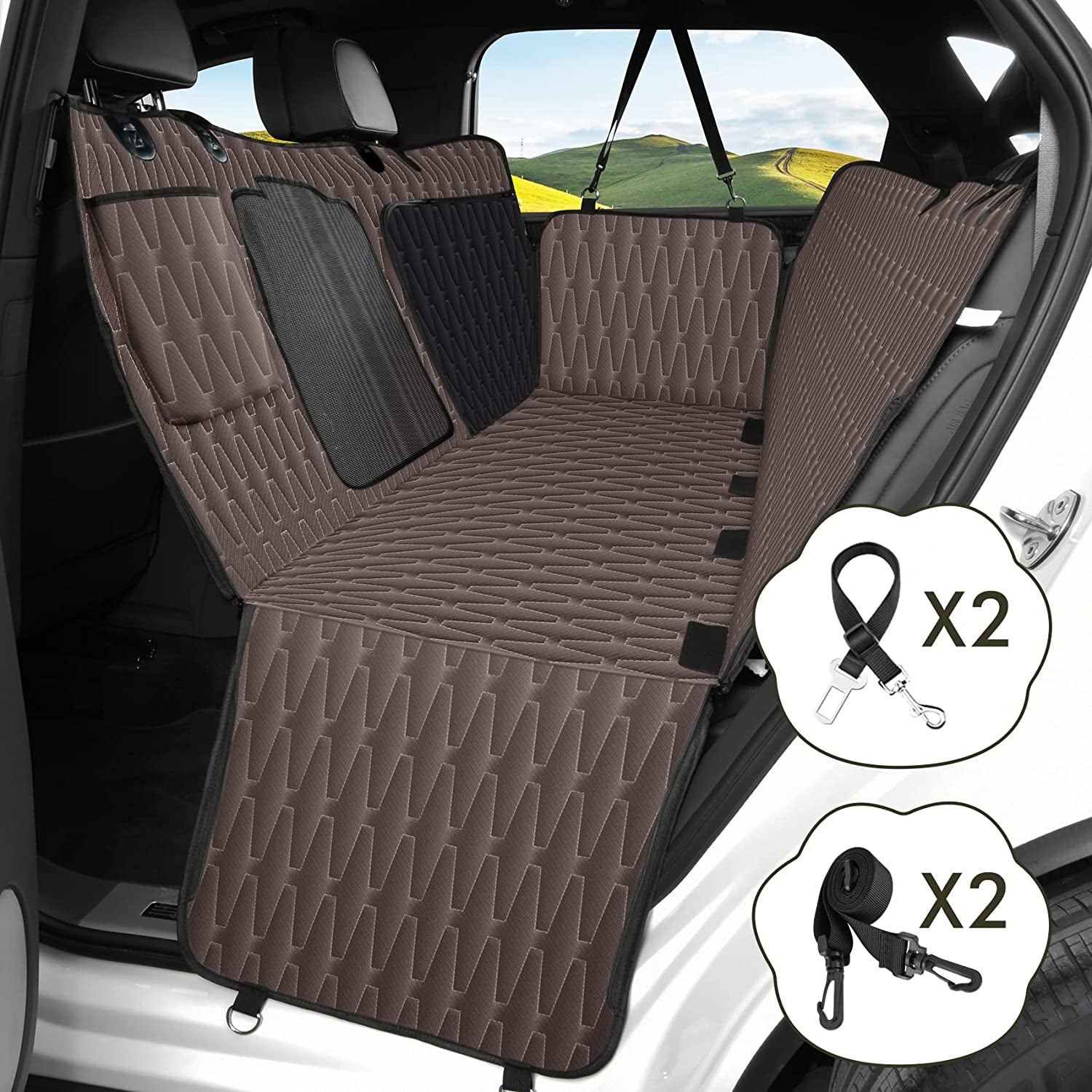 Dog Car Seat Cover for Back Seat, 5-In-1 Waterproof Dog Hammock for SUV, 600D Scratchproof Nonslip Durable Car Pet Seat Cover with Mesh Window, Family Cars and Trucks - 55"X59"