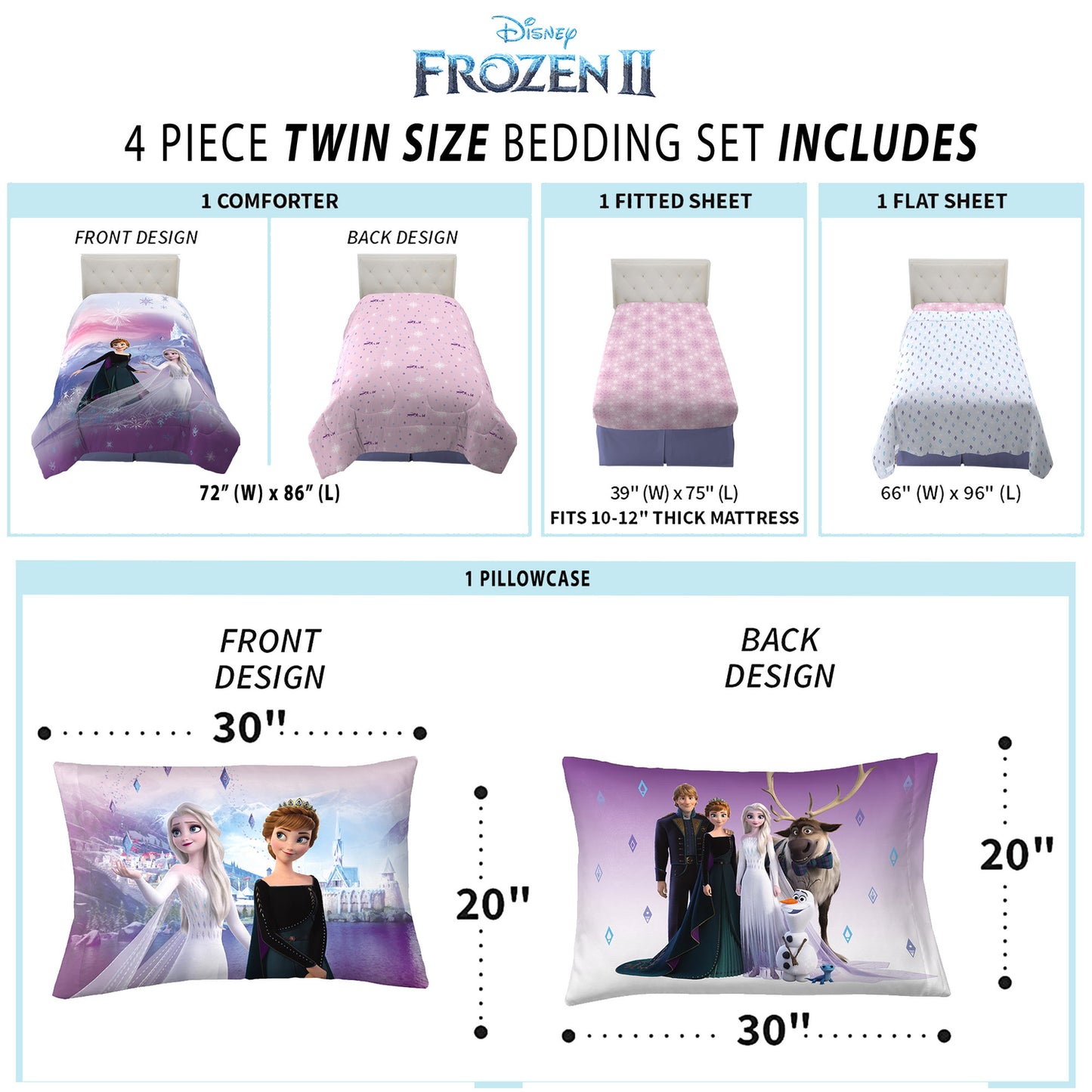 Disney Frozen Kids Twin Bed in a Bag, Comforter and Sheets, Purple and Pink