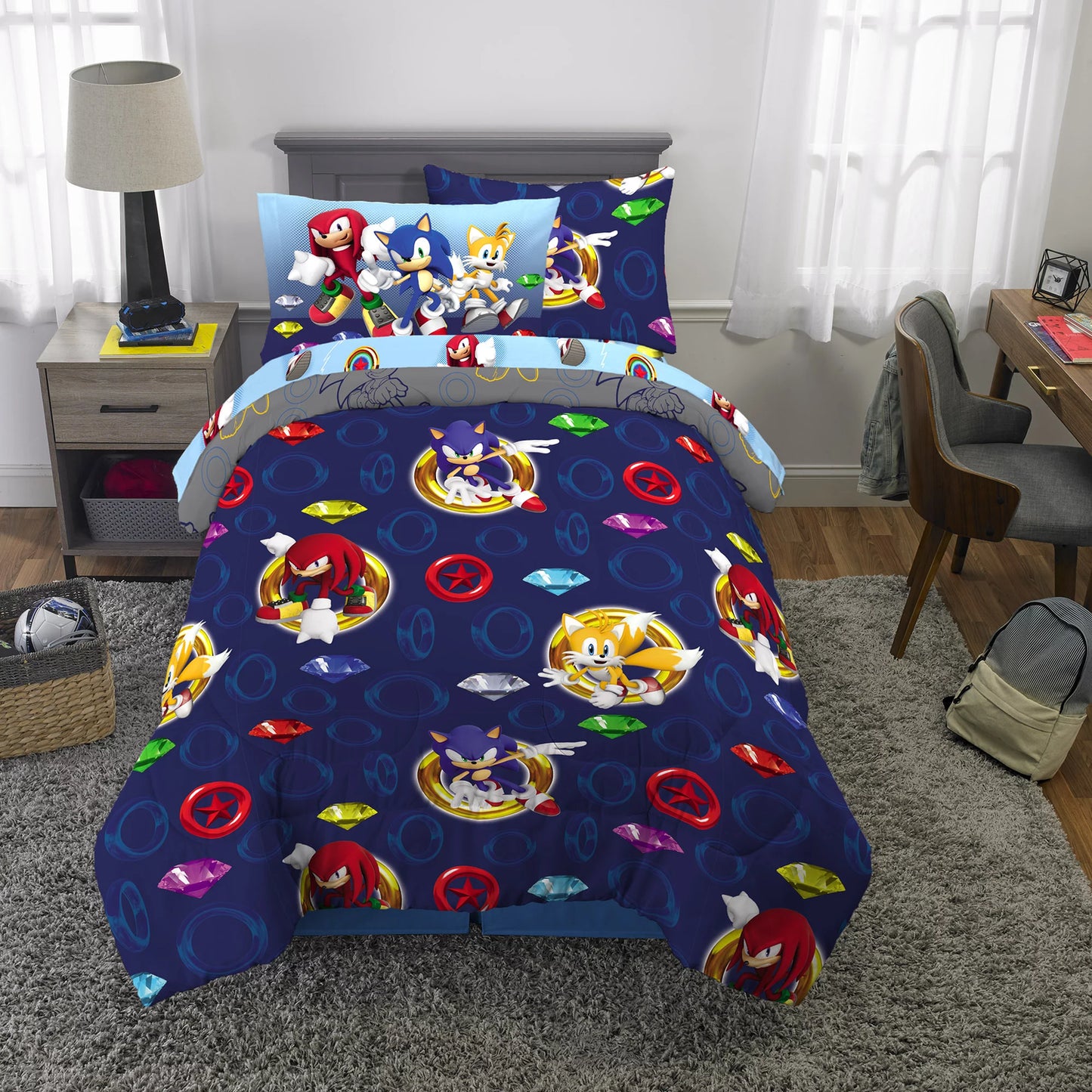 Sonic the Hedgehog Kids Twin Bed in a Bag, Gaming Bedding, Comforter Sheets and Sham, Blue