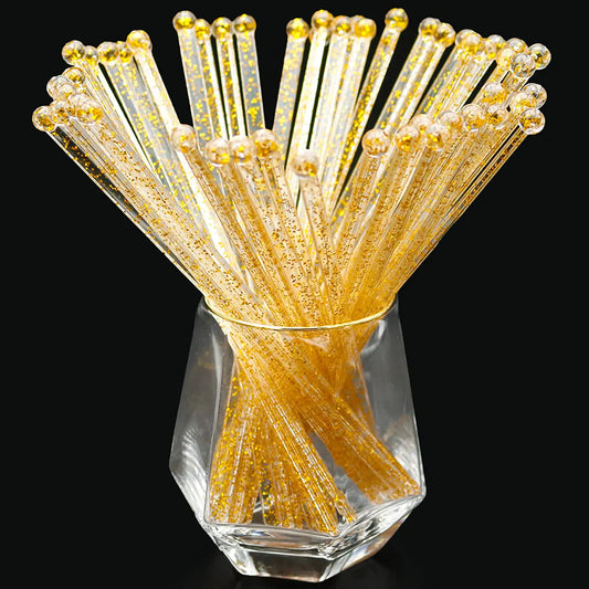 150-PCS Gold Glitter Plastic Swizzle Sticks, Crystal Cake Pops, Cocktail Coffee Drink Stirrers, Lolipop Stick, 7.24 Inch