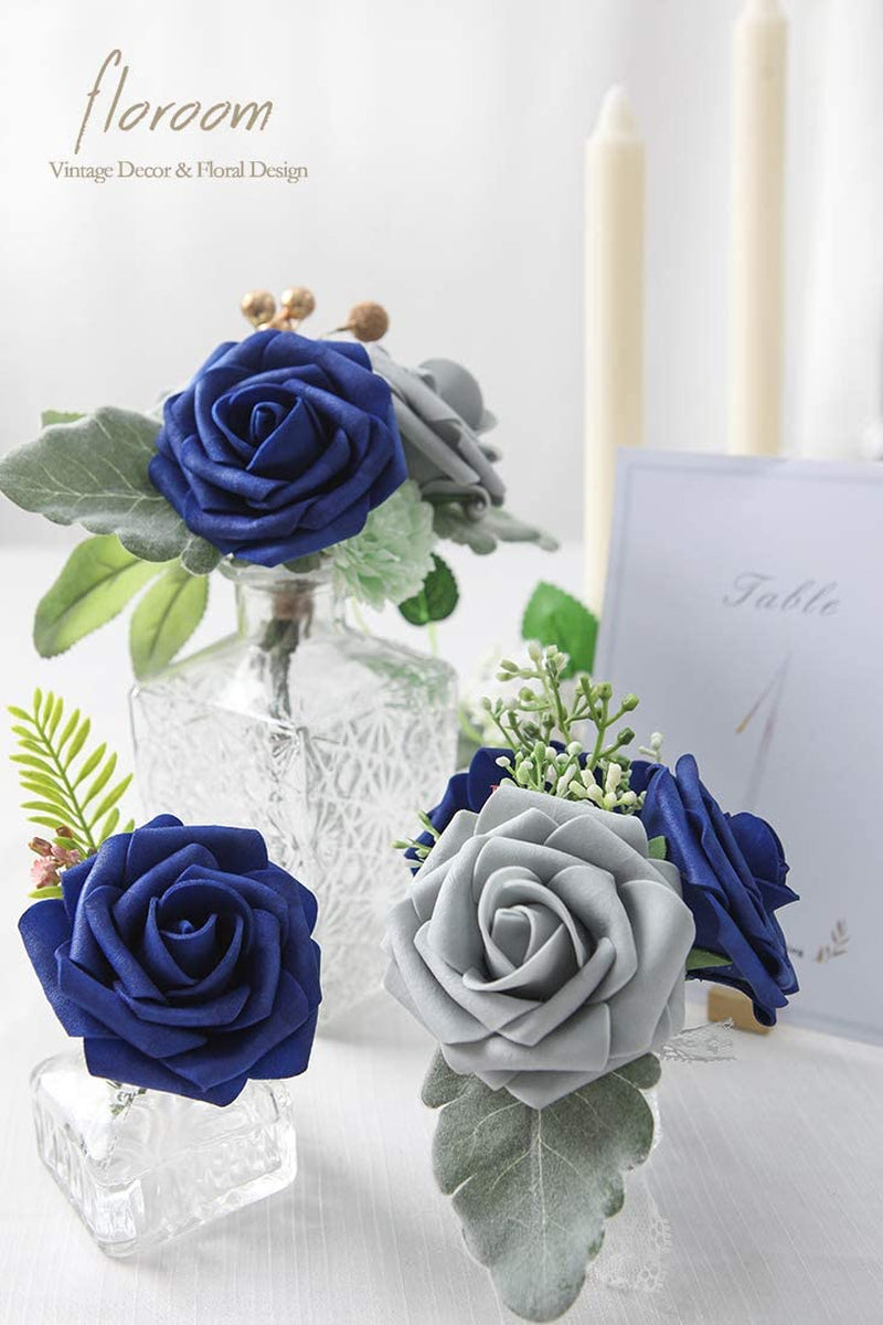 Artificial Flowers 25Pcs Real Looking Royal Blue Foam Fake Roses with Stems for DIY Table Centerpieces Party Home Decorations