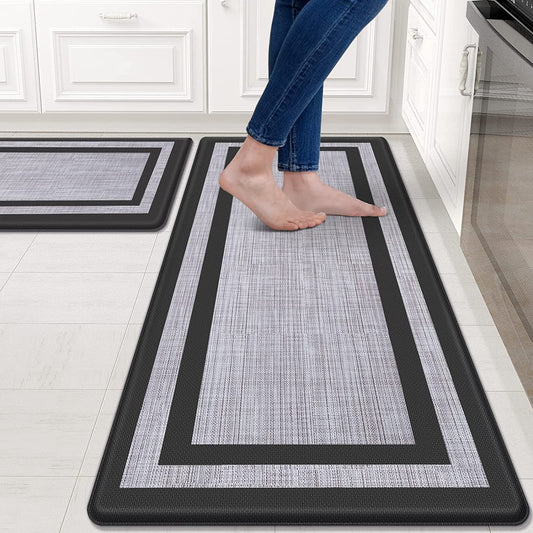 Kitchen Mat [2 PCS] Cushioned Anti-Fatigue Kitchen Rugs Non-Skid Waterproof Kitchen Mats and Rugs Ergonomic Comfort Standing Mat for Kitchen, Floor, Office, Sink, Laundry, Black and Gray