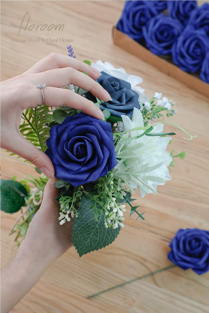 Artificial Flowers 25Pcs Real Looking Royal Blue Foam Fake Roses with Stems for DIY Table Centerpieces Party Home Decorations