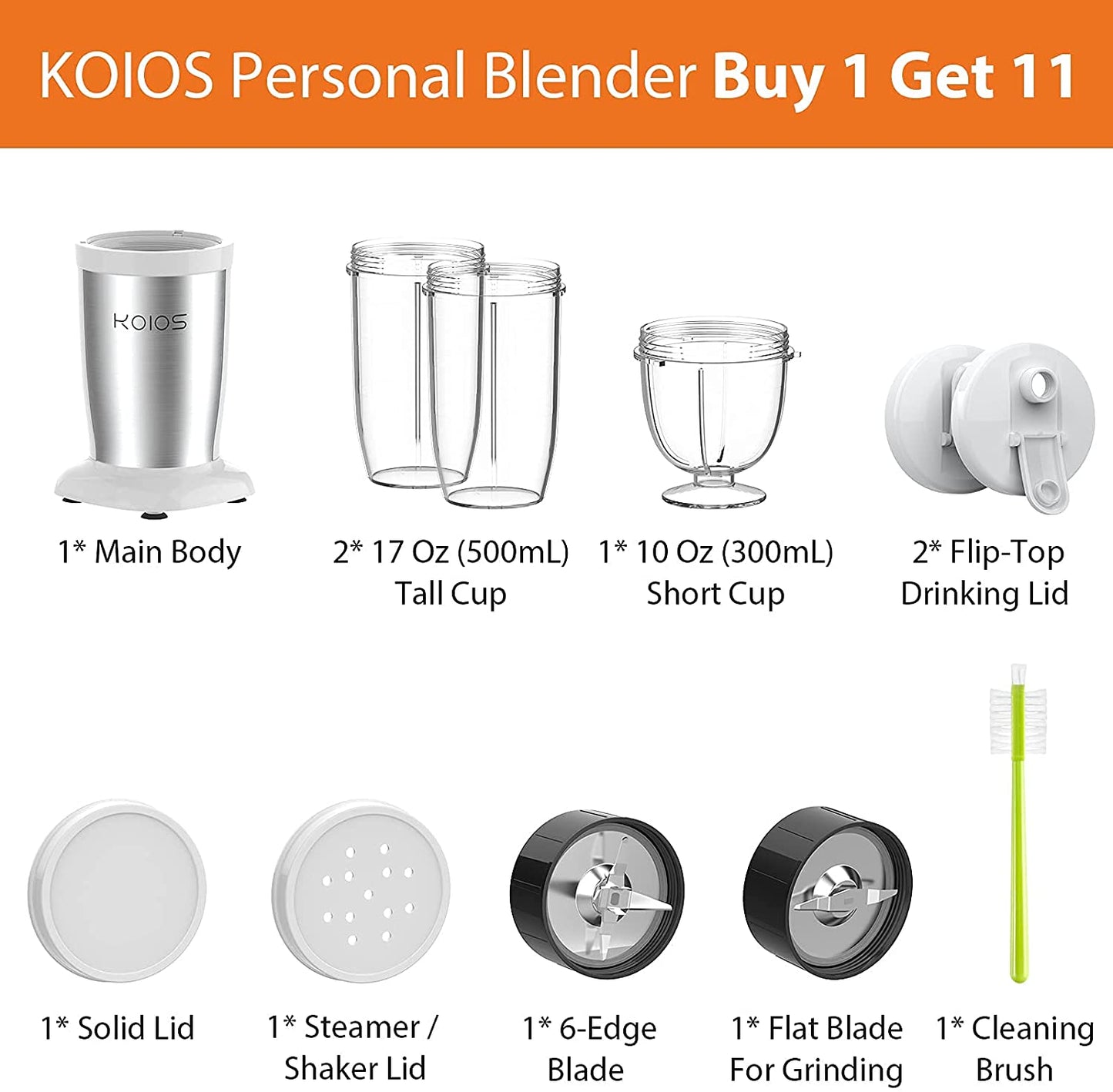 PRO 850W Bullet Personal Blender for Shakes and Smoothies, Protein Drinks, 11 Pieces Set Blender for Kitchen with Ultra Smooth 6-Edge Blade, Coffee Grinder for Beans, Nuts, Spices, 2X17 Oz + 10 Oz Large & Small To-Go Cups, 2 Spout Drinking Lids, BPA Free