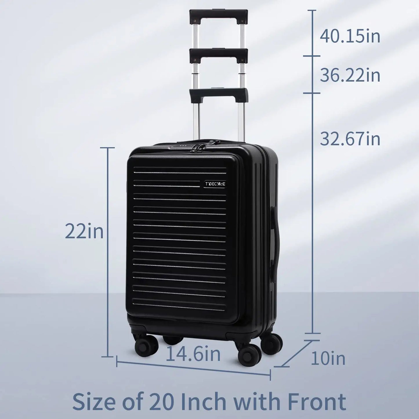 20 Inch Carrry on Luggage with Front Zipper Pocket, 45L, Lightweight ABS+PC Hardshell Suitcase with TSA Lock & Spinner Silent Wheels, Convenient for Business Trips, Black