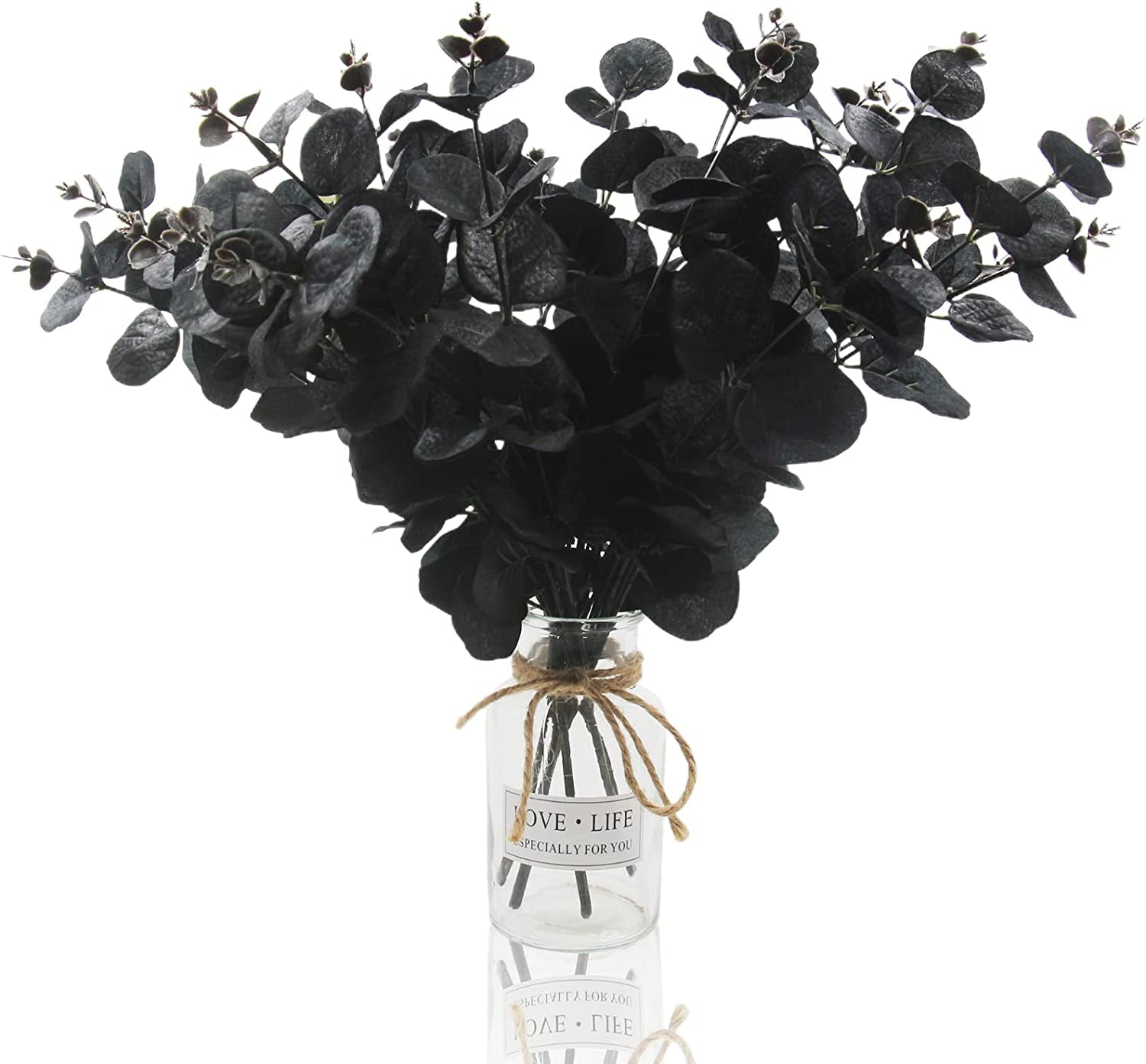 6 Pcs Artificial Black Eucalyptus Stems, 14" Eucalyptus Leaves Branches Bouquet for Flower Arrangement DIY, Black Silk Flowers for Home Halloween Farmhouse Decor (Black, 6)