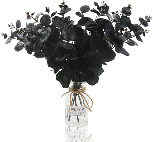 6 Pcs Artificial Black Eucalyptus Stems, 14" Eucalyptus Leaves Branches Bouquet for Flower Arrangement DIY, Black Silk Flowers for Home Halloween Farmhouse Decor (Black, 6)