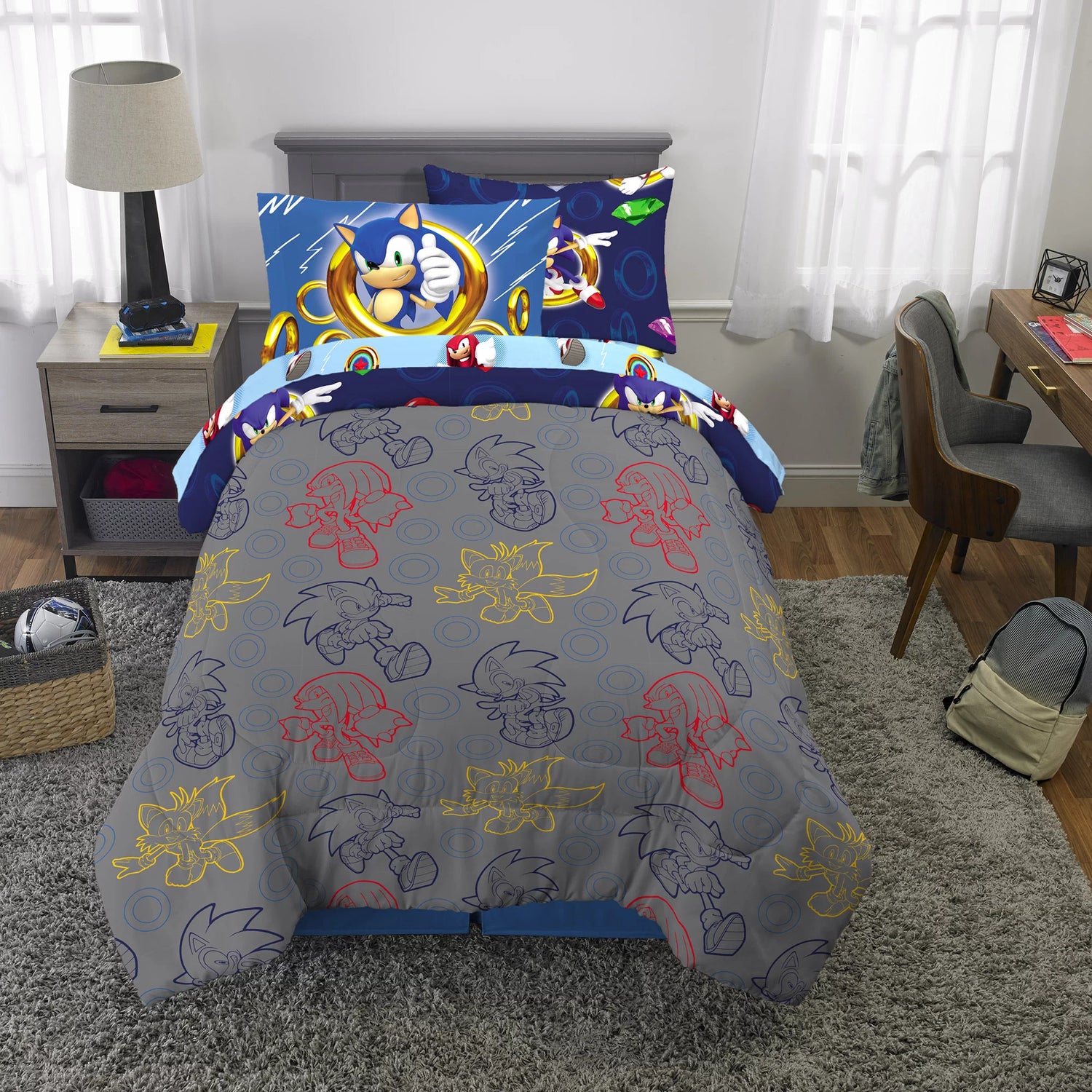 Sonic the Hedgehog Kids Twin Bed in a Bag, Gaming Bedding, Comforter Sheets and Sham, Blue