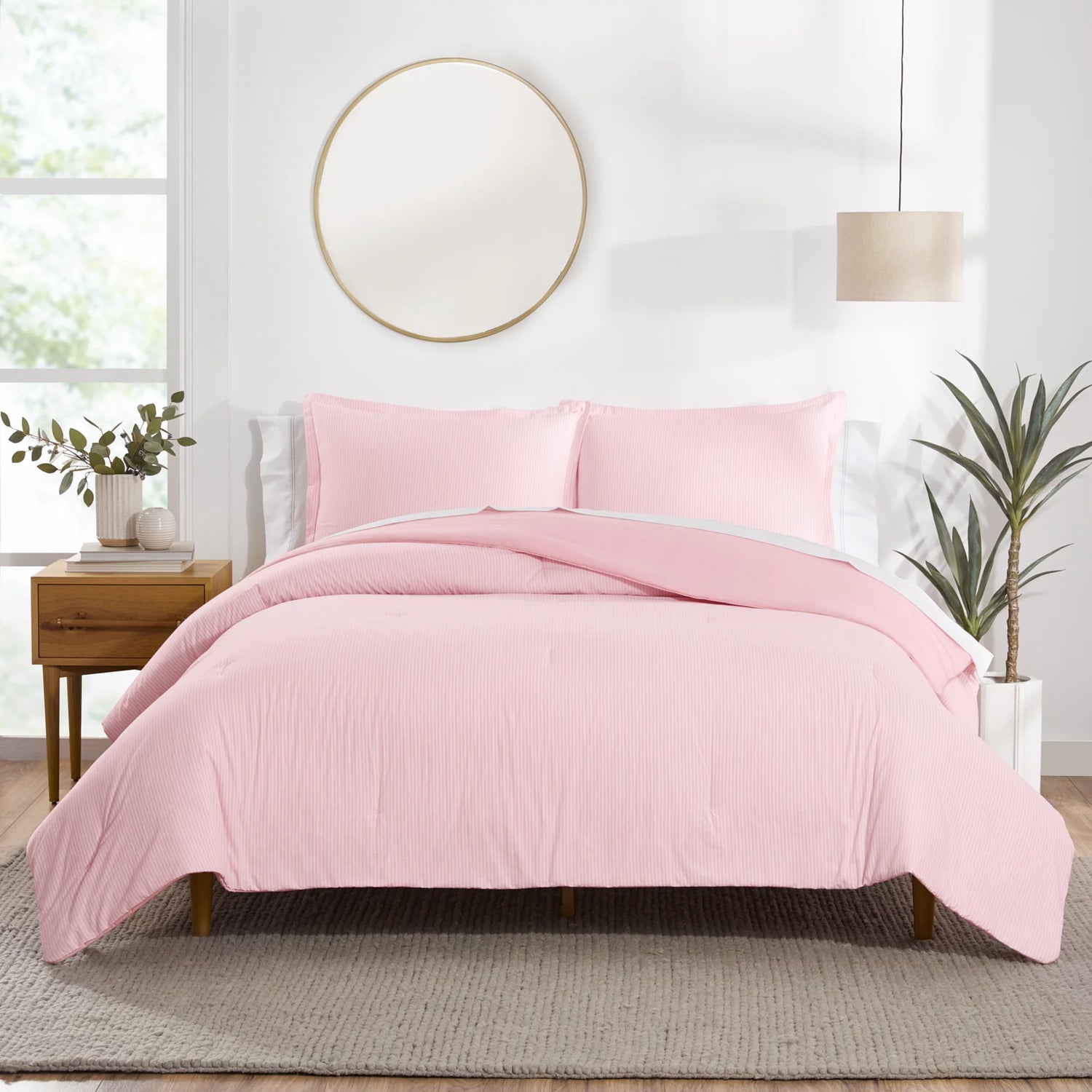 Yarn Dyed Washed Chambray Stripe Reversible Organic Cotton Comforter Set, Twin, Blush, 2-Pieces