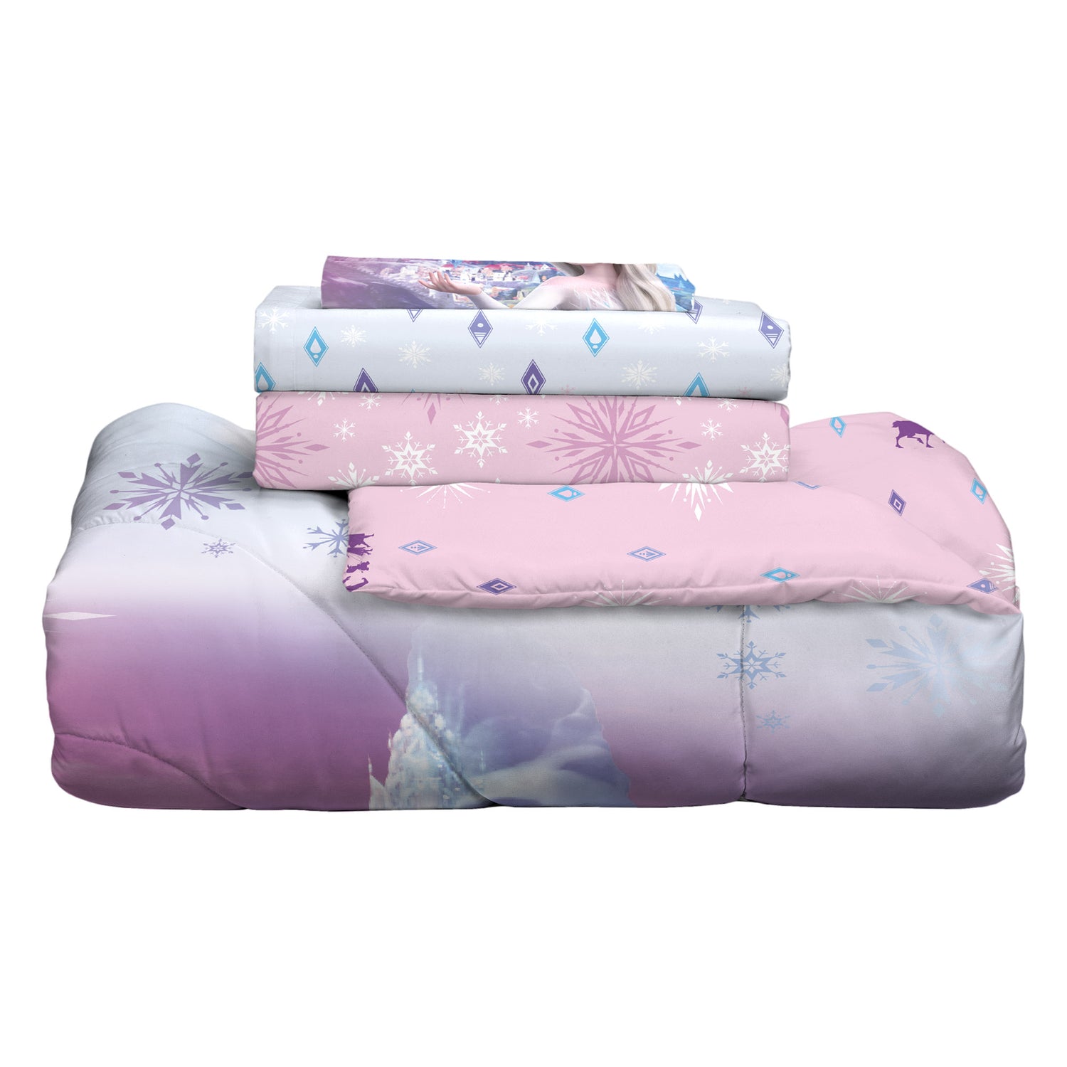 Disney Frozen Kids Twin Bed in a Bag, Comforter and Sheets, Purple and Pink