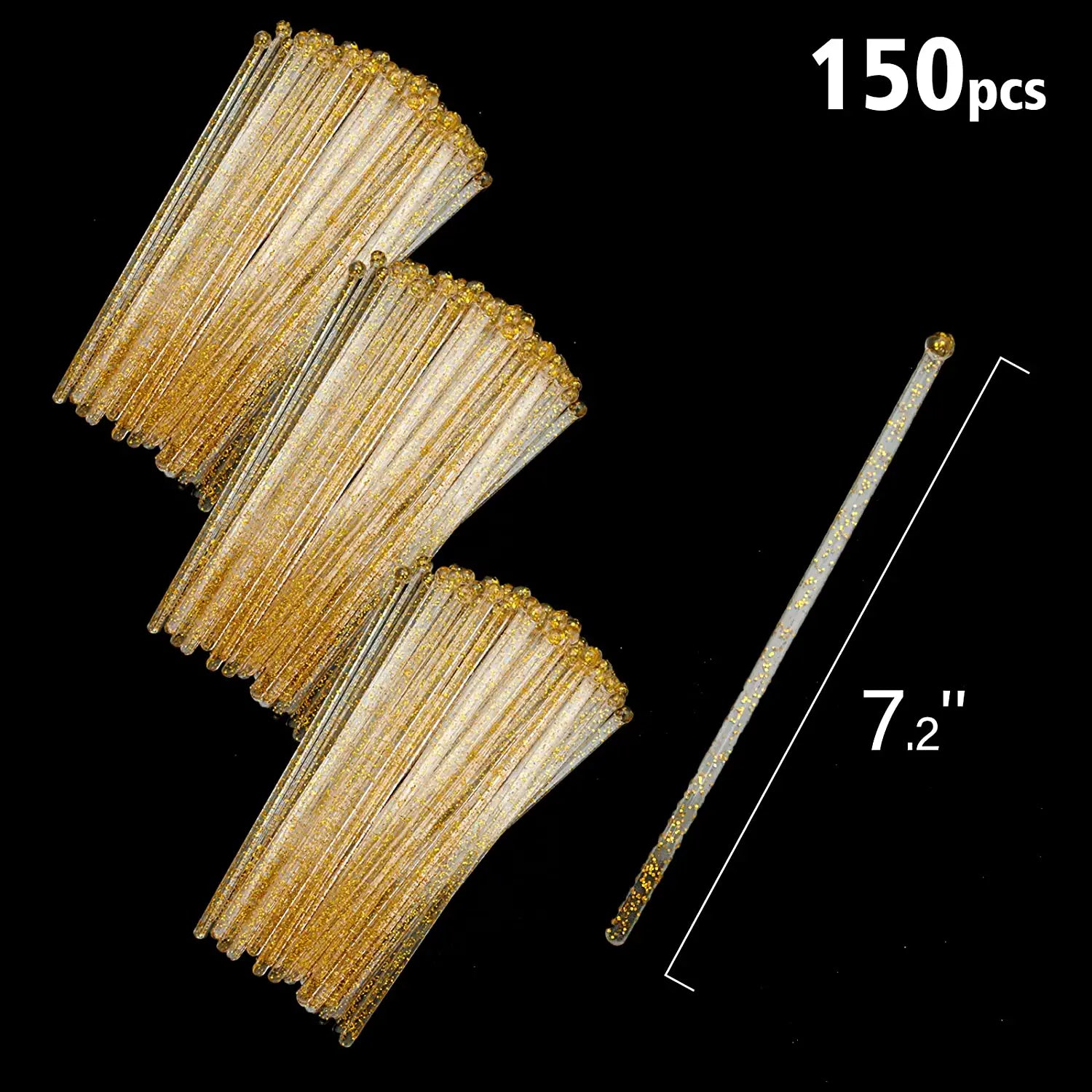 150-PCS Gold Glitter Plastic Swizzle Sticks, Crystal Cake Pops, Cocktail Coffee Drink Stirrers, Lolipop Stick, 7.24 Inch