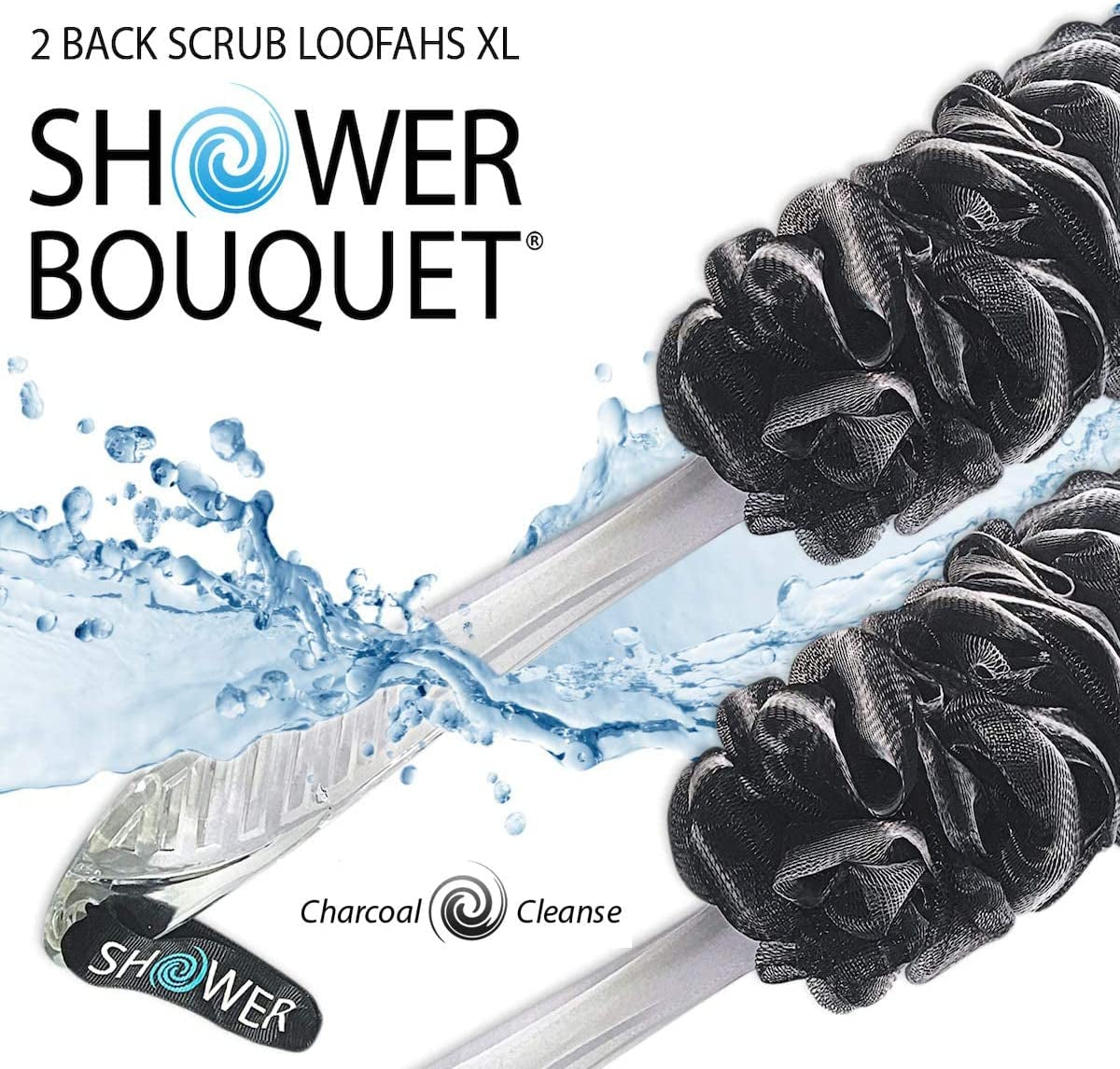 Loofah-Charcoal Back-Scrubbers 2-Pack-By-Shower-Bouquet: Long-Handle Bath-Sponge-Brushes with Extra Large Soft Mesh for Men & Women - Exfoliate with Full Pure Cleanse in Bathing Accessories