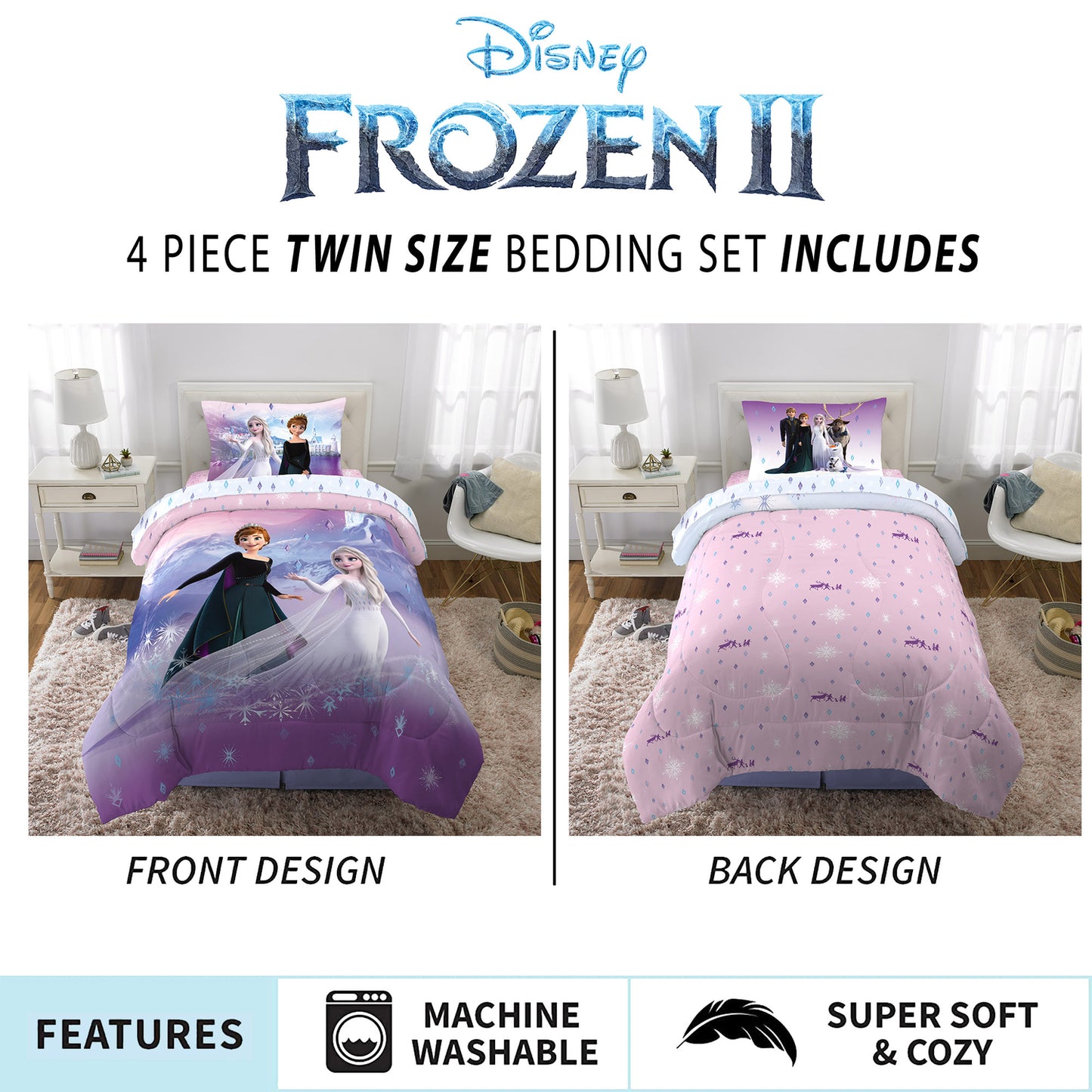 Disney Frozen Kids Twin Bed in a Bag, Comforter and Sheets, Purple and Pink