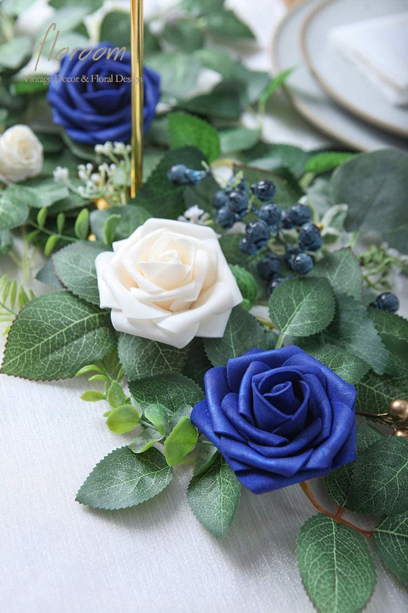 Artificial Flowers 25Pcs Real Looking Royal Blue Foam Fake Roses with Stems for DIY Table Centerpieces Party Home Decorations