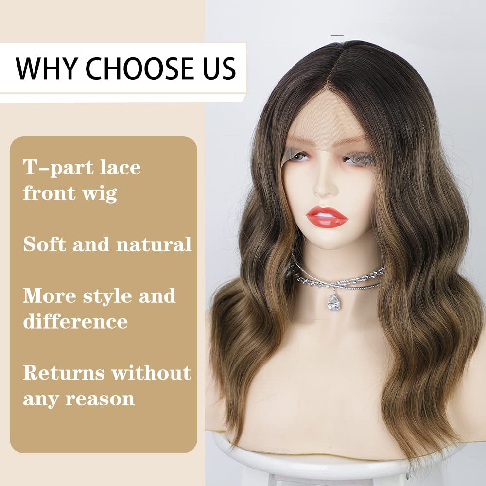 Short Bob Wavy Wig for Women Lace Front Wigs Ombre Brown Synthetic Wig Middle Part T Lace Wigs Heat Resistant Fiber for Daily Party Use