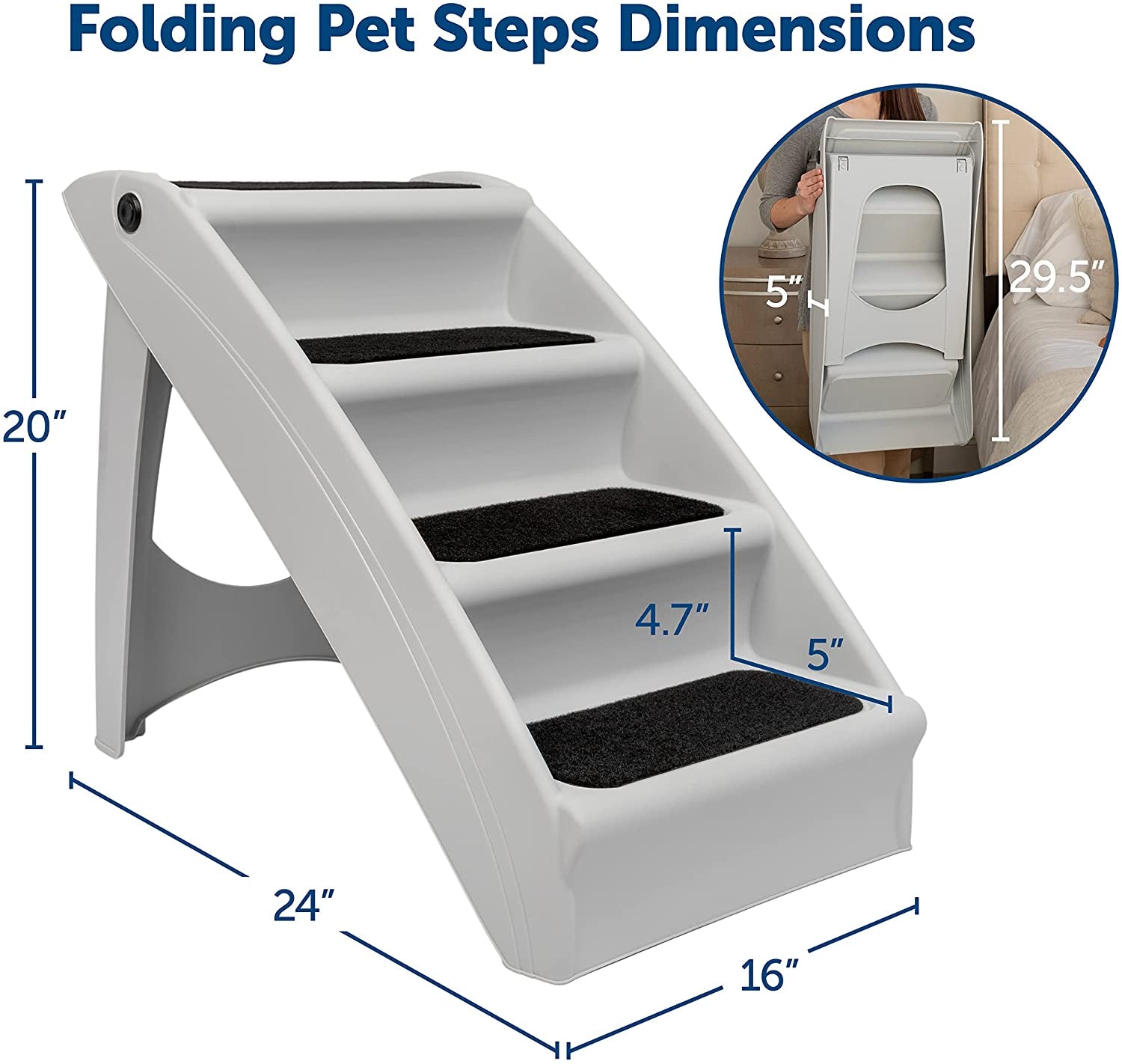 Cozyup Folding Dog Stairs - Pet Stairs for Indoor/Outdoor at Home or Travel - Dog Steps for High Beds - Pet Steps with Siderails, Non-Slip Pads - Durable, Support up to 150 Lbs - Large, Gray