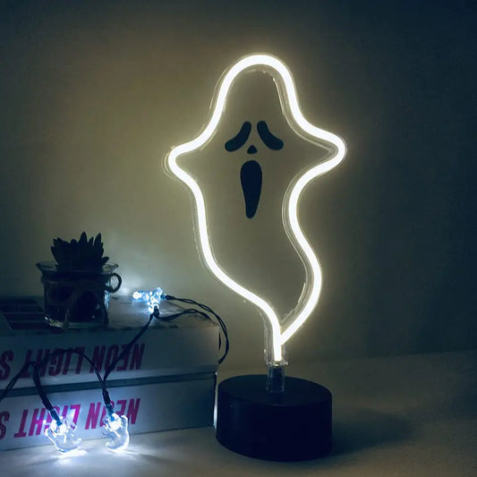 Halloween Cute Ghost Neon Sign,Spooky White Ghost Table Decor, USB or Battery Powered LED Neon Night Light for Kids Bedroom,Kitchen,Halloween Party,White Ghost