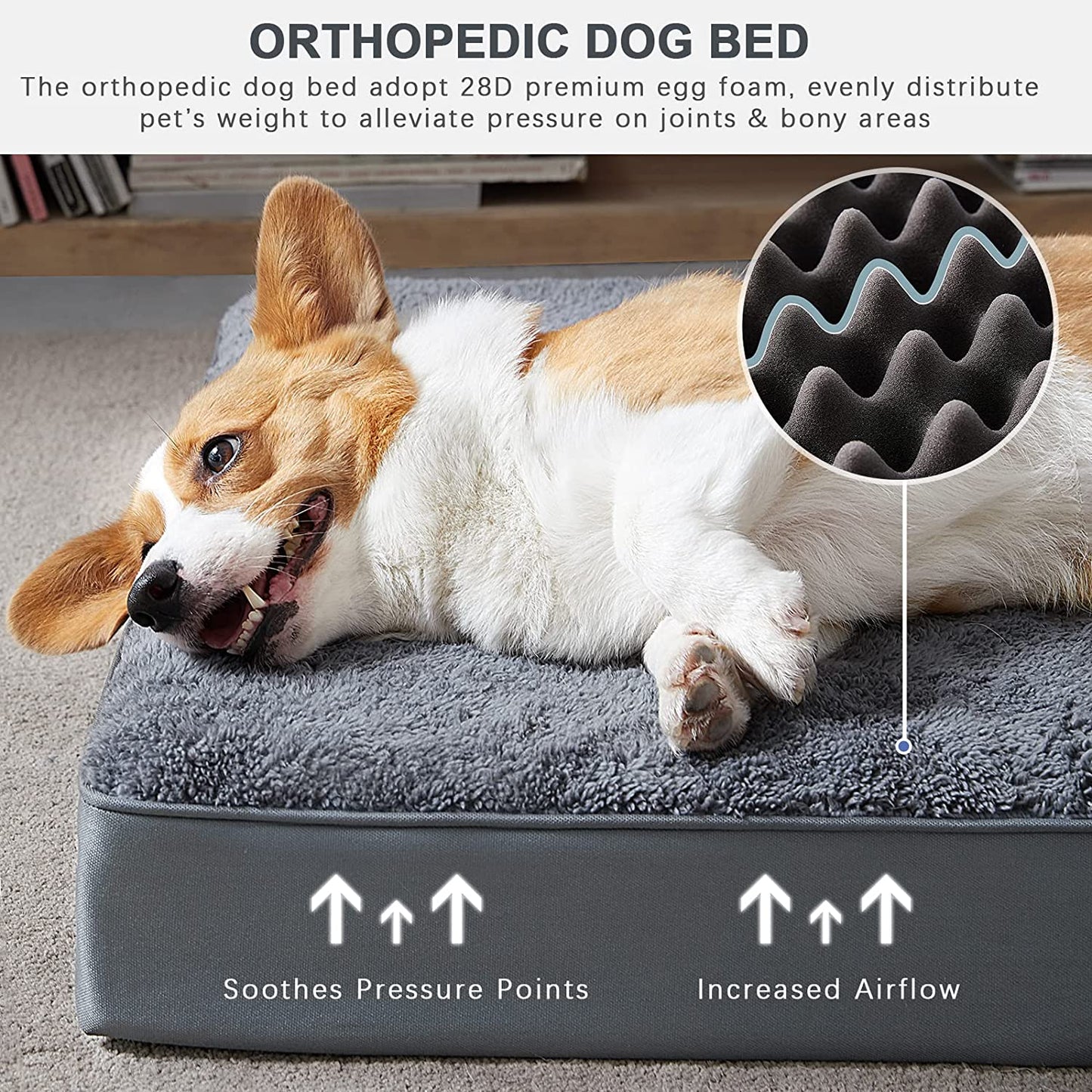 Orthopedic Dog Bed Waterproof Dog Beds with Removable Washable Cover Anti-Slip Egg Foam Pet Sleeping Mattress for Large, Jumbo, Medium Dogs, Dark Grey, 30 X 20 Inch