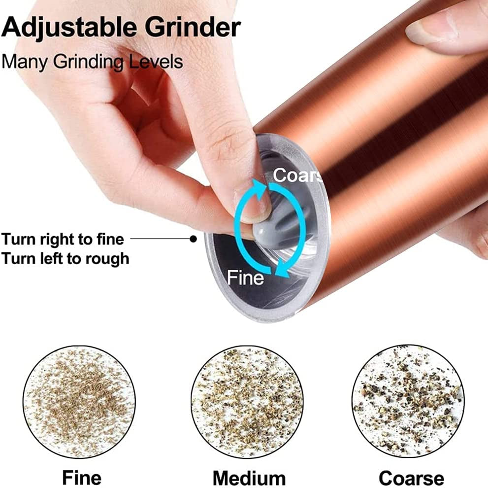 Gravity Electric Pepper and Salt Grinder Set, Adjustable Coarseness, Battery Powered with LED Light, One Hand Automatic Operation, Stainless Steel Copper, 2 Pack