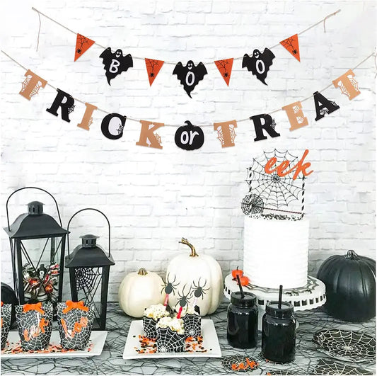 Halloween Decorations Banner Garland Trick or Treat Boo Banner Home Decor Bunting Flag with Pumpkin Ghost Sign for Halloween Decor Party Supplies Home Hanging