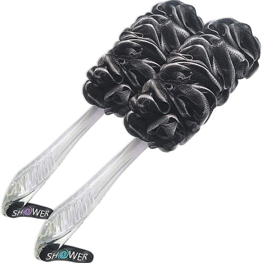 Loofah-Charcoal Back-Scrubbers 2-Pack-By-Shower-Bouquet: Long-Handle Bath-Sponge-Brushes with Extra Large Soft Mesh for Men & Women - Exfoliate with Full Pure Cleanse in Bathing Accessories