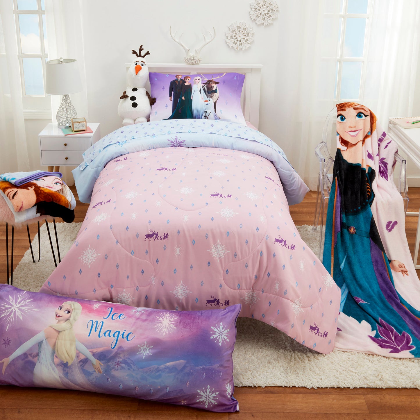 Disney Frozen Kids Twin Bed in a Bag, Comforter and Sheets, Purple and Pink