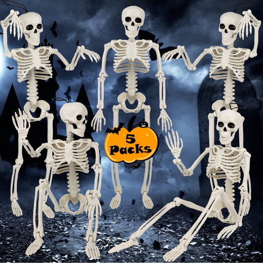 5 Packs Halloween Skeleton Decoration - 16'' Halloween Decorations Full Body Posable Skeletons Props with Movable Joints - Indoor Outdoor Decoration Spooky Decor for Halloween Party Graveyard Haunted House