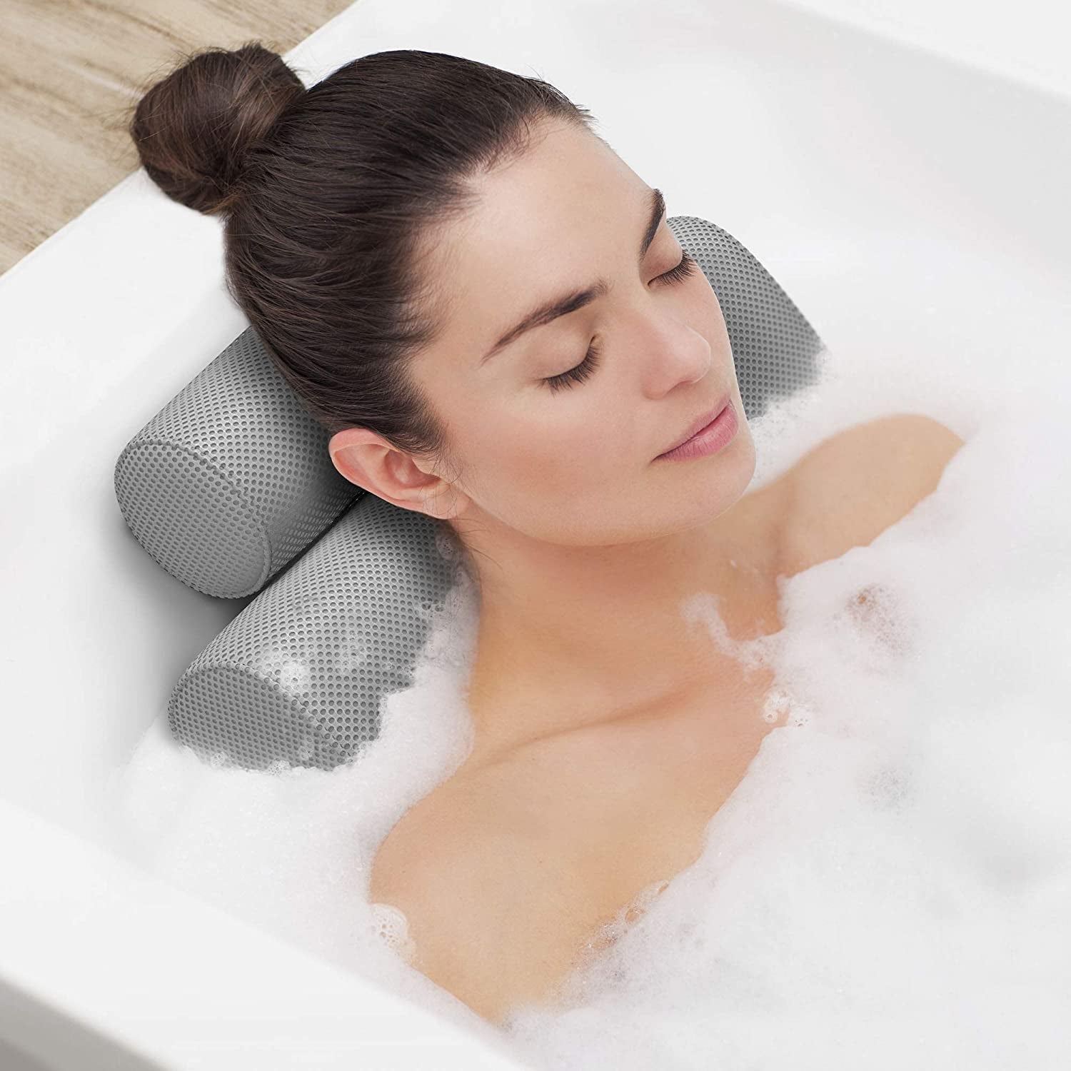 Bath Pillow - Relax in Luxury - Fast Drying Bathtub Cushion for Head, Neck and Back - Spa & Tub Headrest Support, Washable, Portable, Thick, Gray