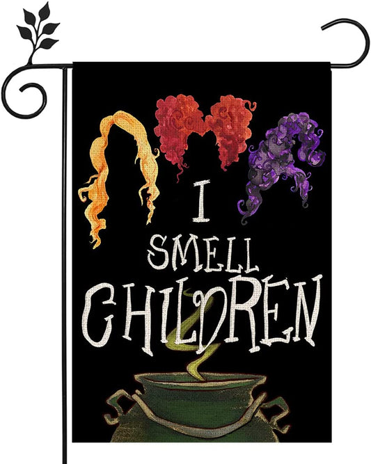 Halloween Garden Flag I Smell Children Sanderson Sisters Double Sided Vertical 12×18 Inch Rustic Black Farmhouse Decor for Seasonal Holiday Yard CF287-12